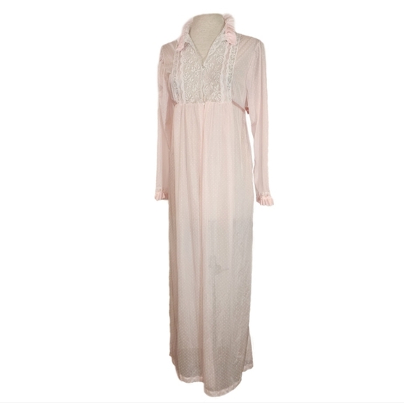 Gotham NY Robe Vintage Semi Sheer Lace Front Polkadot Long Sleeve Pink Size L - Picture 14 of 15